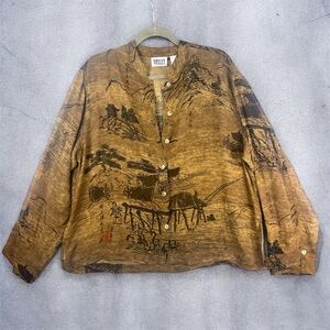 VTG Chico's Brown Sheer Button Down Shirt with Artistic Japanese Prints Large